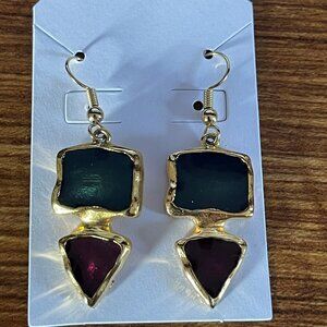 Vintage Gold Tone Green & Red Dangle Earrings